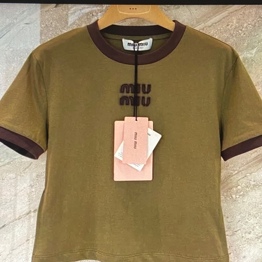 Miu Miu Olive & Brown Logo Ringer Tee